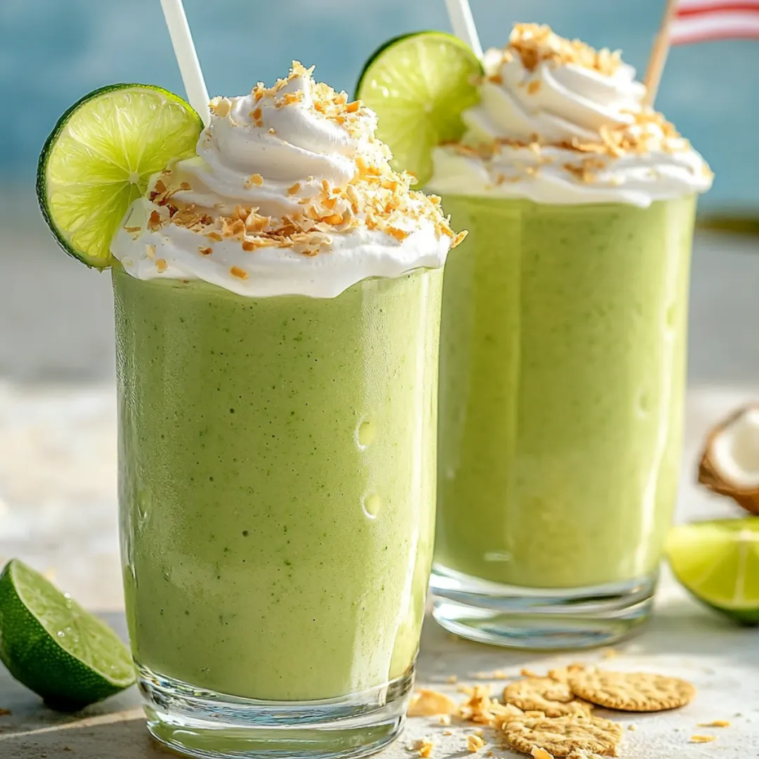 Zwei Gläser grüner Smoothie mit Kokos-Topping.
