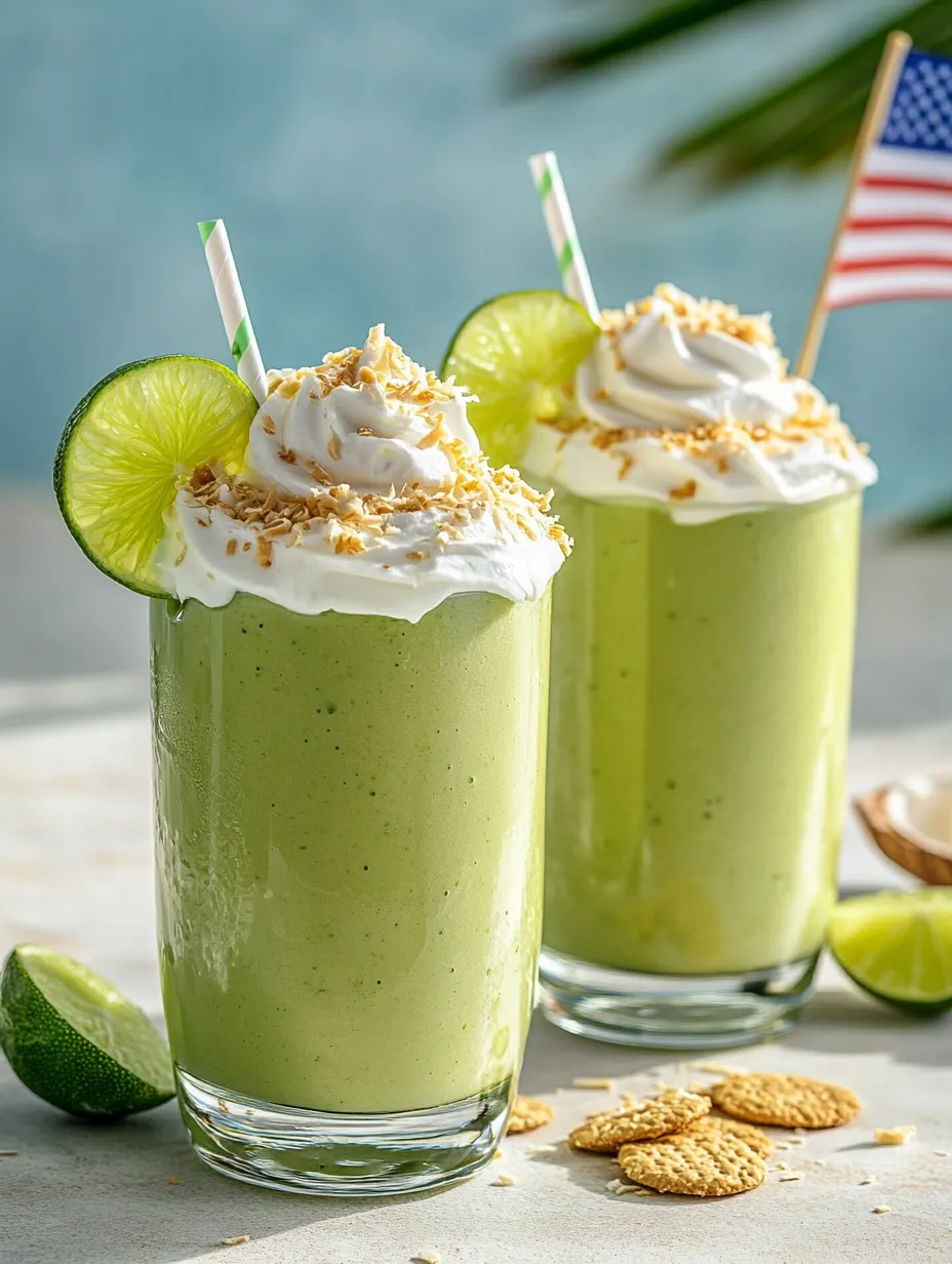 Zwei Gläser grüner Smoothie, Limetten daneben.