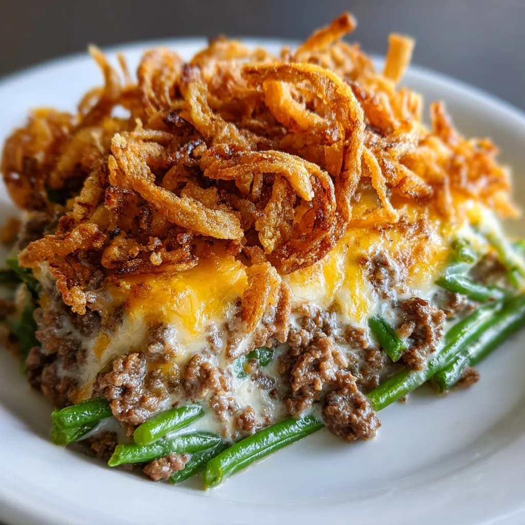 Ein Teller mit Essen und Röstzwiebeln oben drauf.