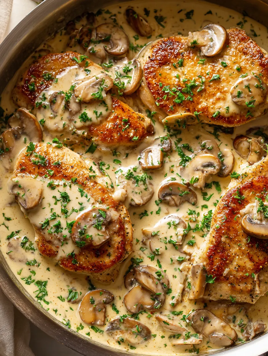 Pfanne mit Hähnchen, Pilzen und Kräutern.