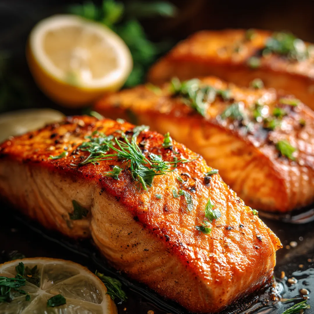Ein Teller mit Lachs und Zitronenscheiben darauf.