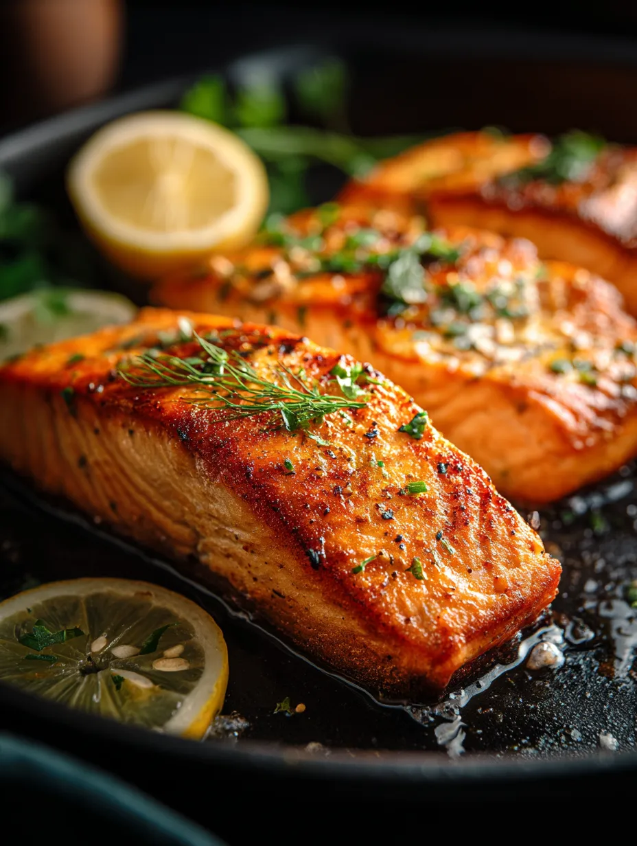 Eine Pfanne mit Fisch und Zitronenscheiben darauf.