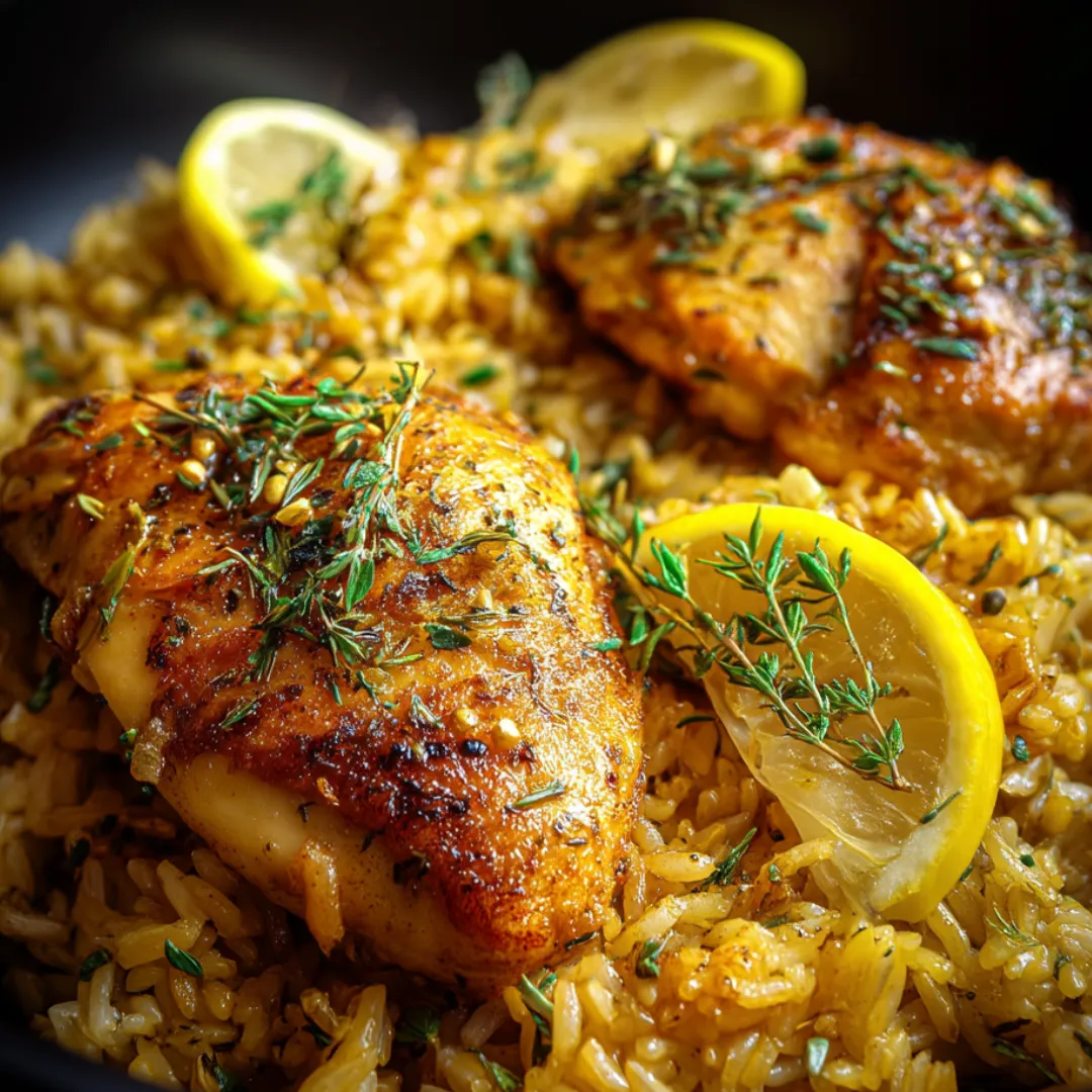 Schüssel mit Reis, Huhn und Zitronenscheiben.