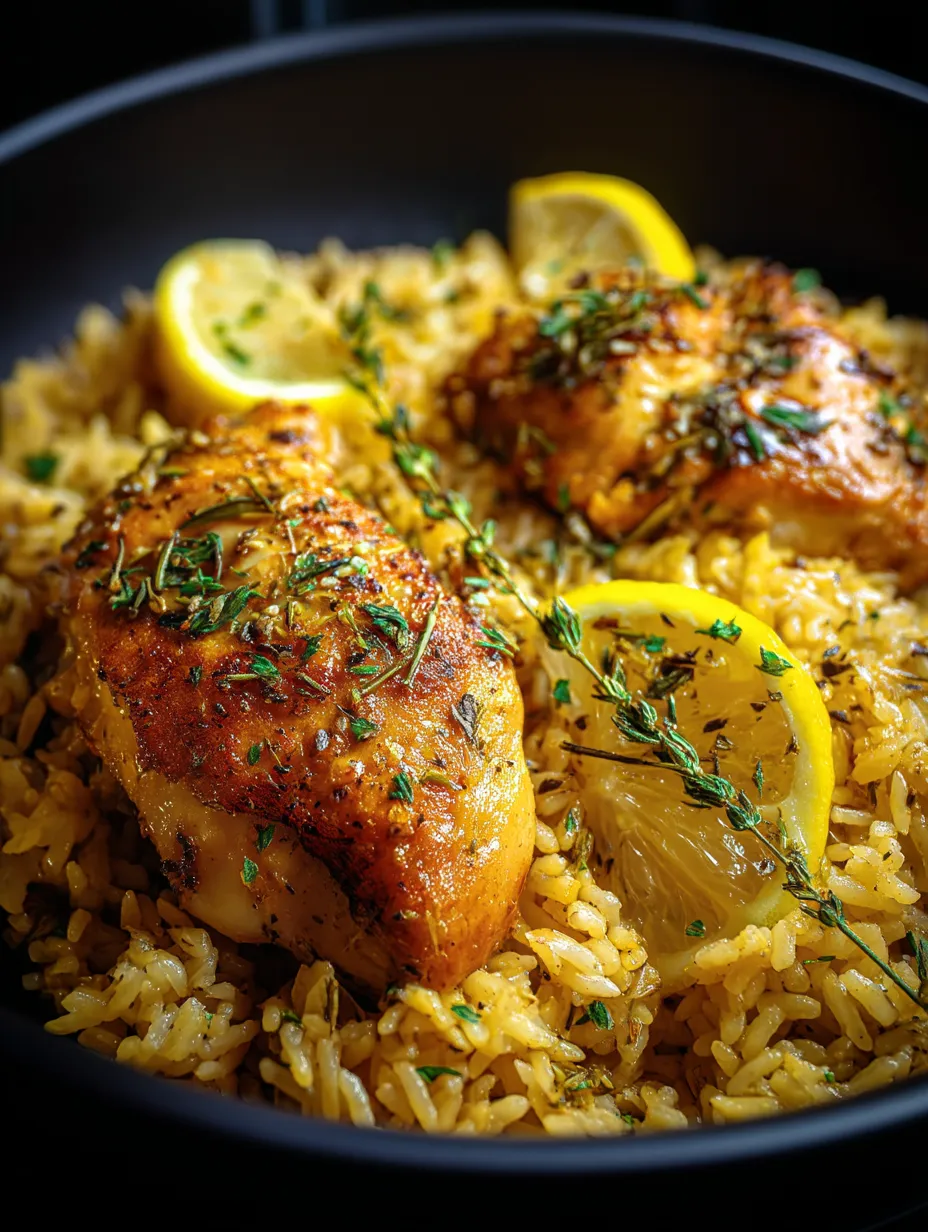 Eine Schüssel Reis mit Hähnchen und Zitronenscheiben.