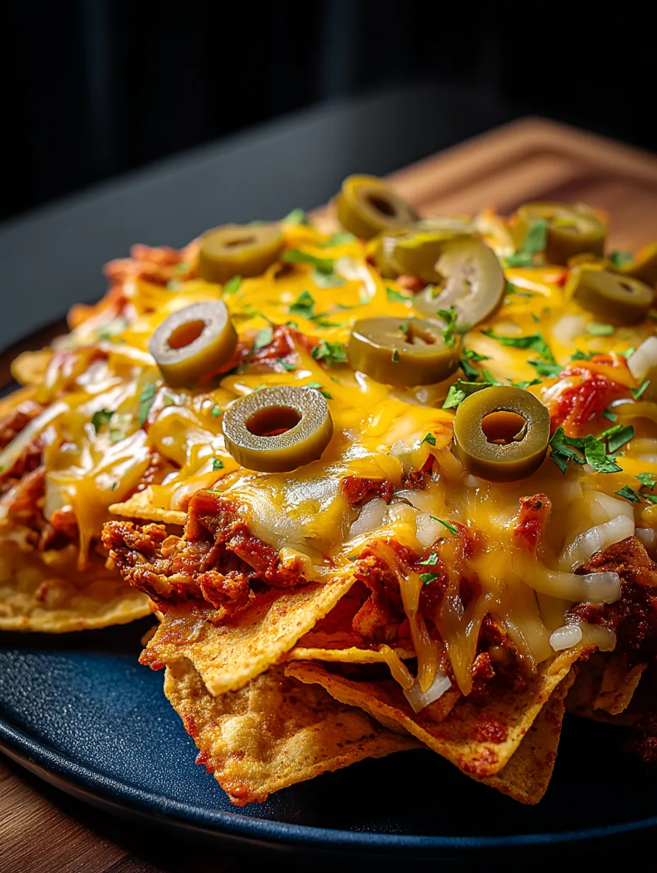 Ein Teller Nachos mit Oliven darauf.