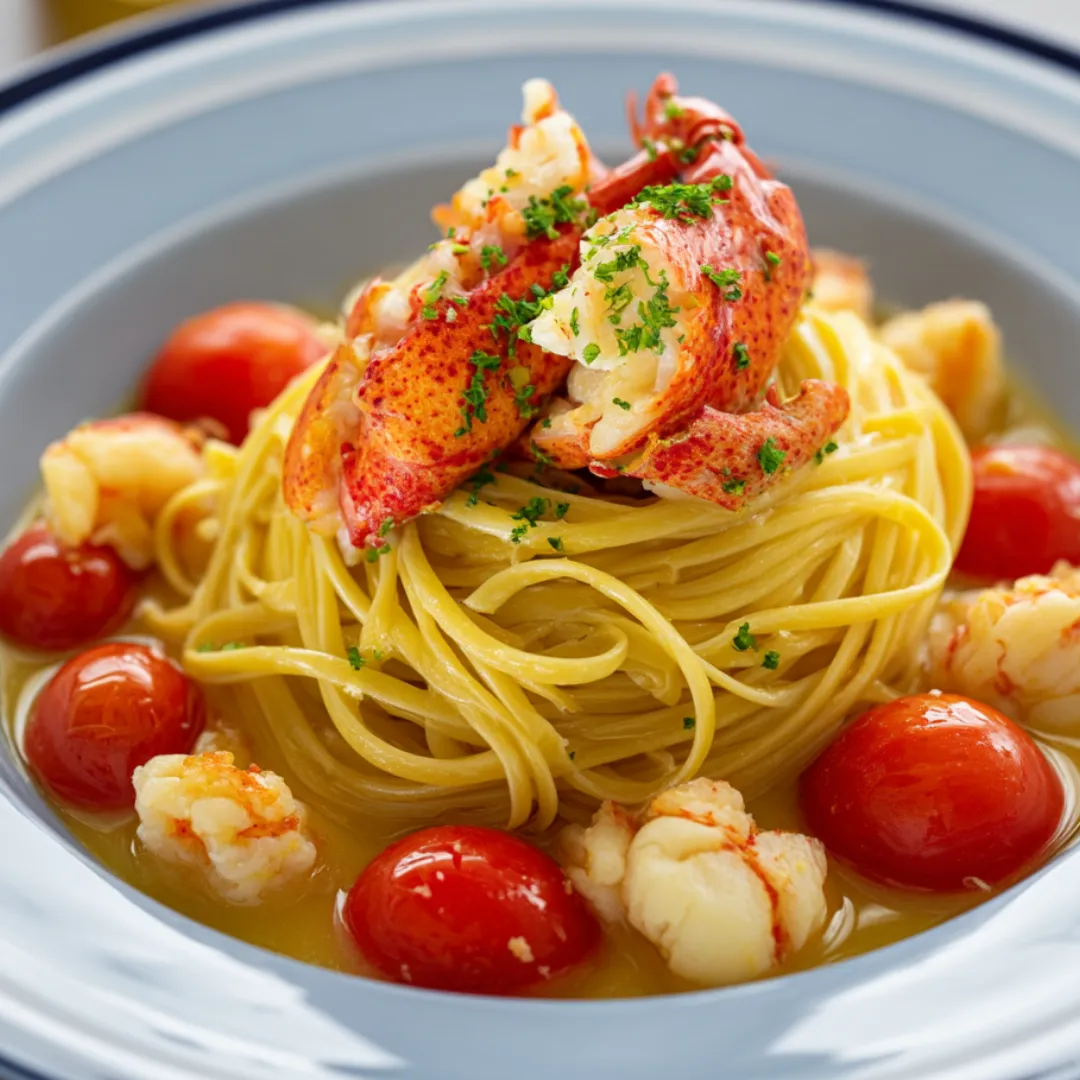 Ein Teller mit Lobster und Tomaten.