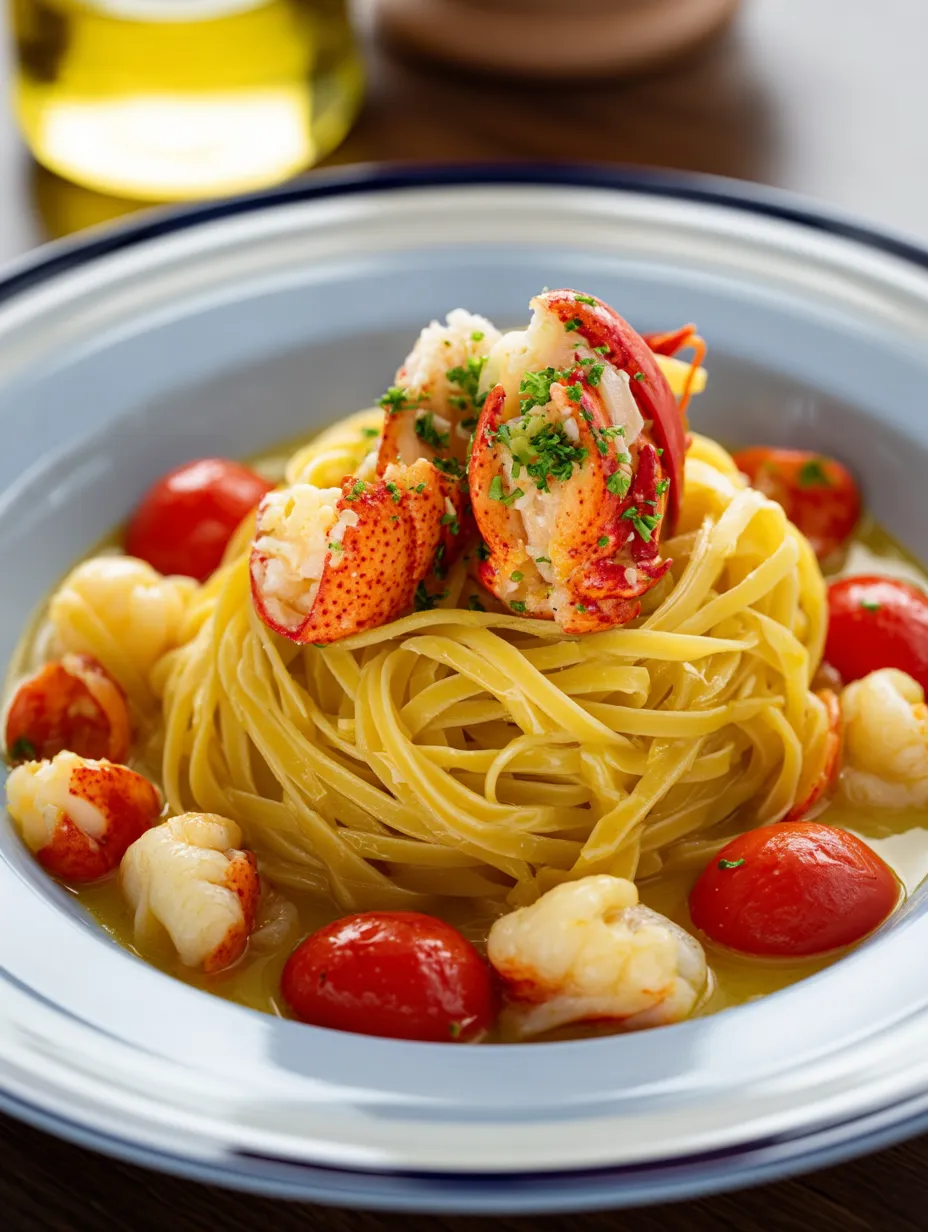 Eine Schüssel Pasta mit Hummer und Tomaten.
