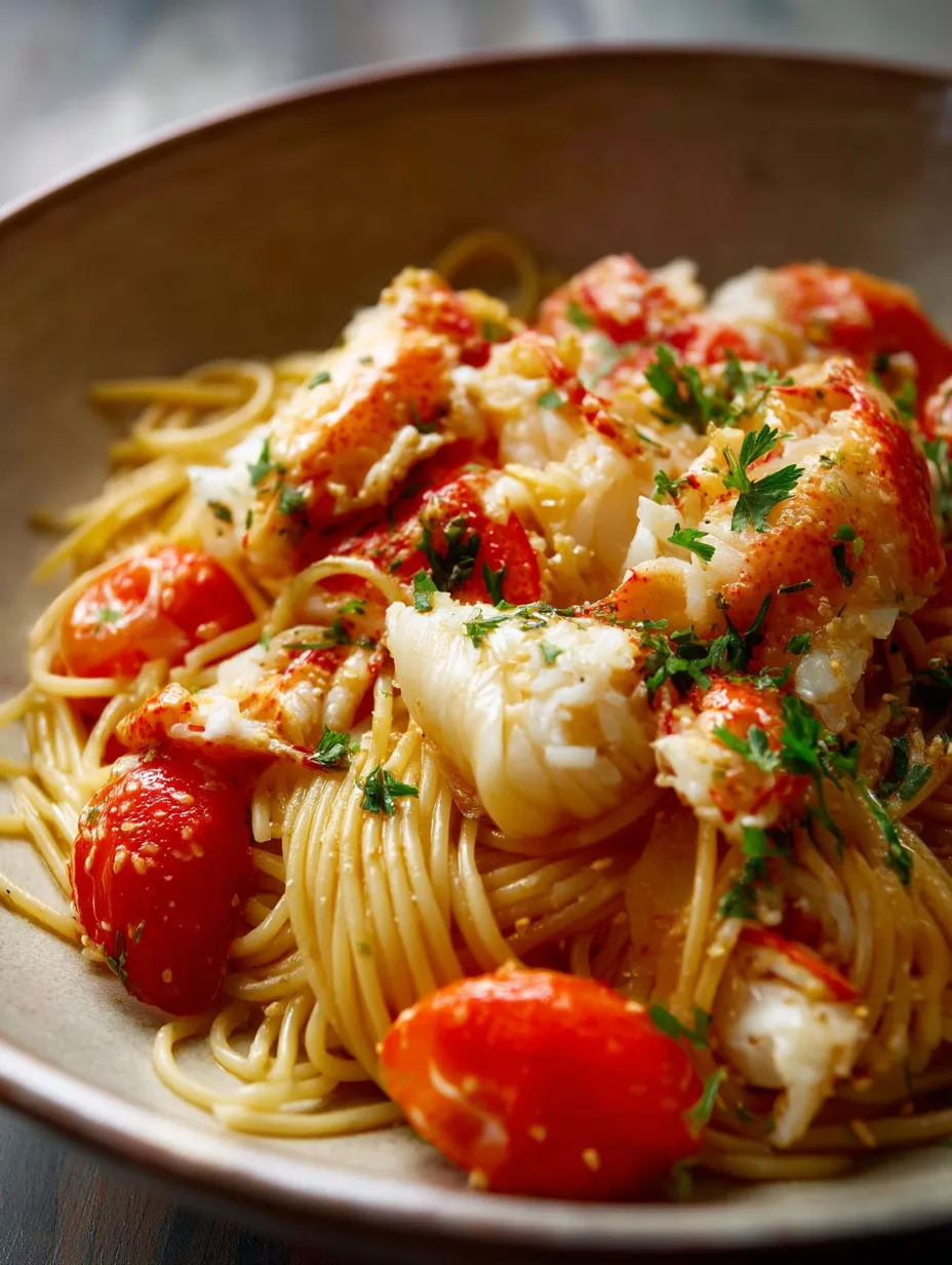 Eine Schüssel Pasta mit Tomaten und Hummer.