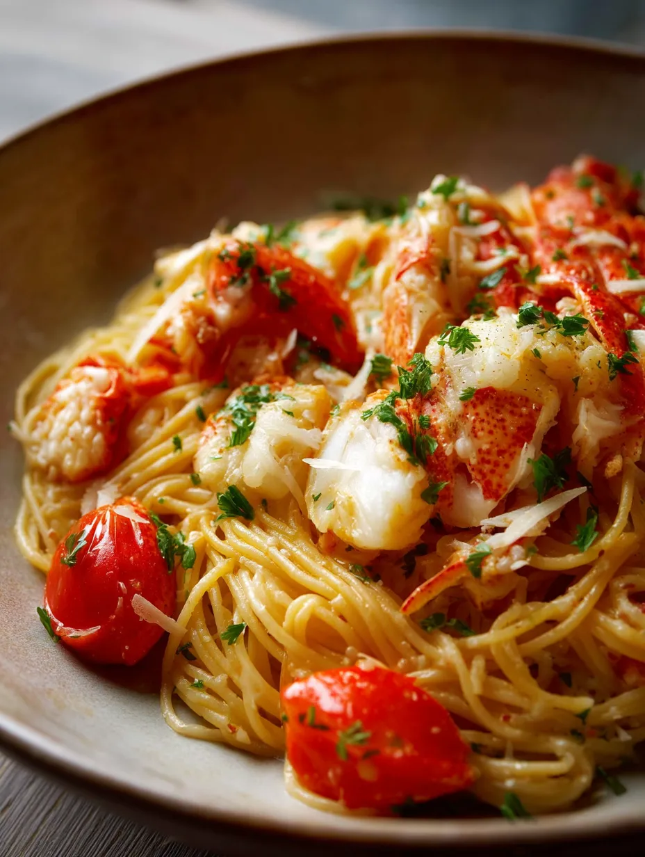 Eine Schüssel Pasta mit Tomaten und Hummer.