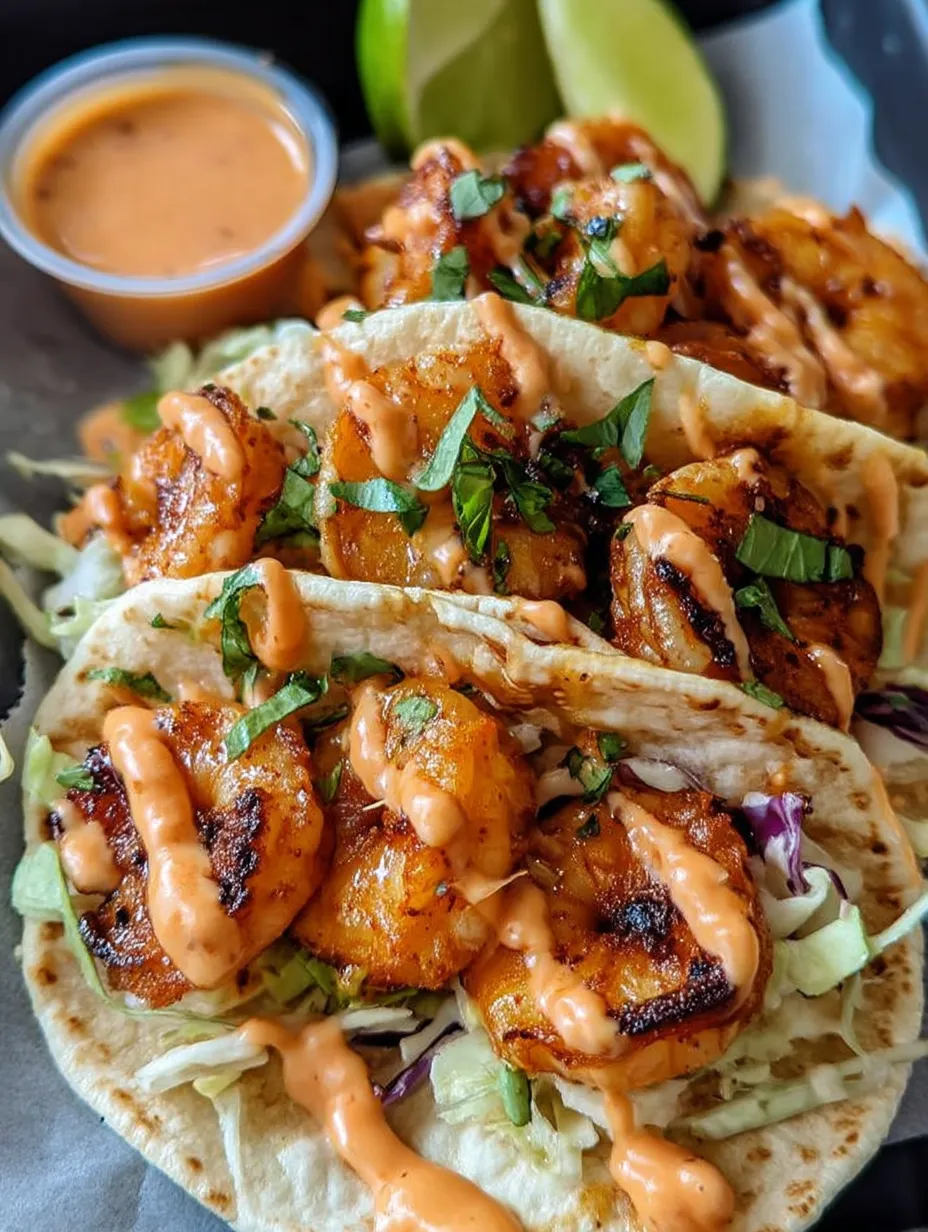 Ein Teller mit Garnelen-Tacos und Soße als Beilage.