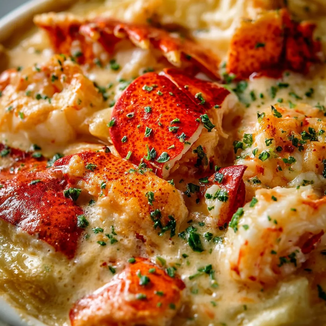 Eine Schüssel mit Hummercremesuppe und grünem Kraut obendrauf.