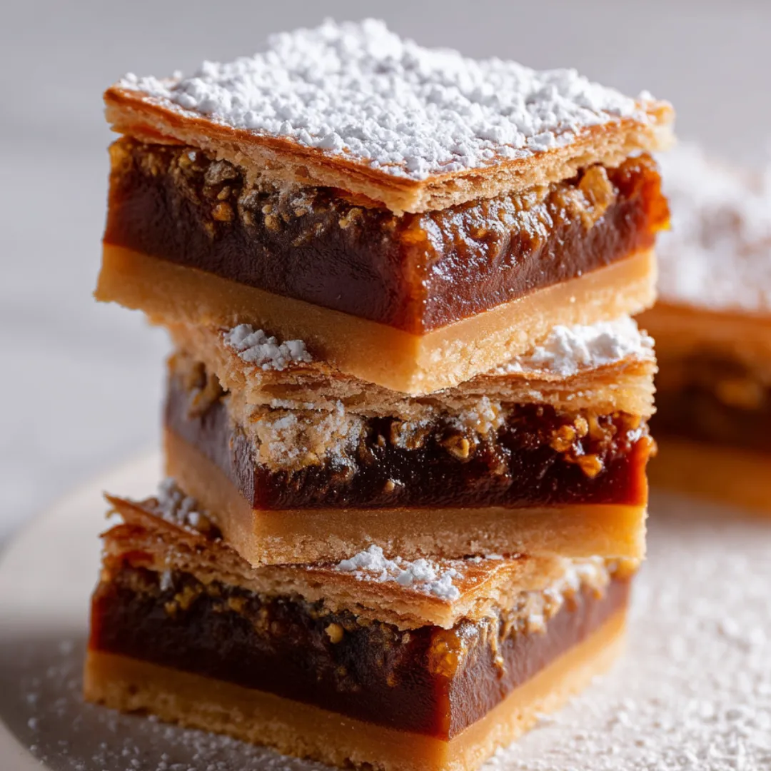 Drei Schichten Schokoladenkuchen mit weißem Puderzucker darauf.