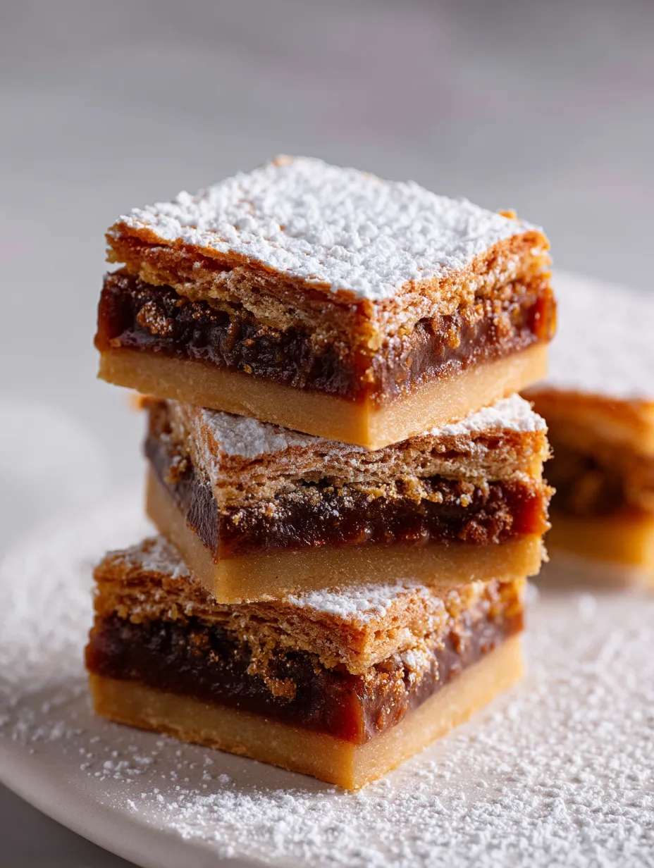 Drei Stücke Kuchen übereinander gestapelt.