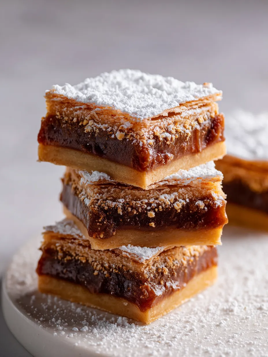 Ein Stapel von drei Dessertschnitten mit Puderzucker obendrauf.