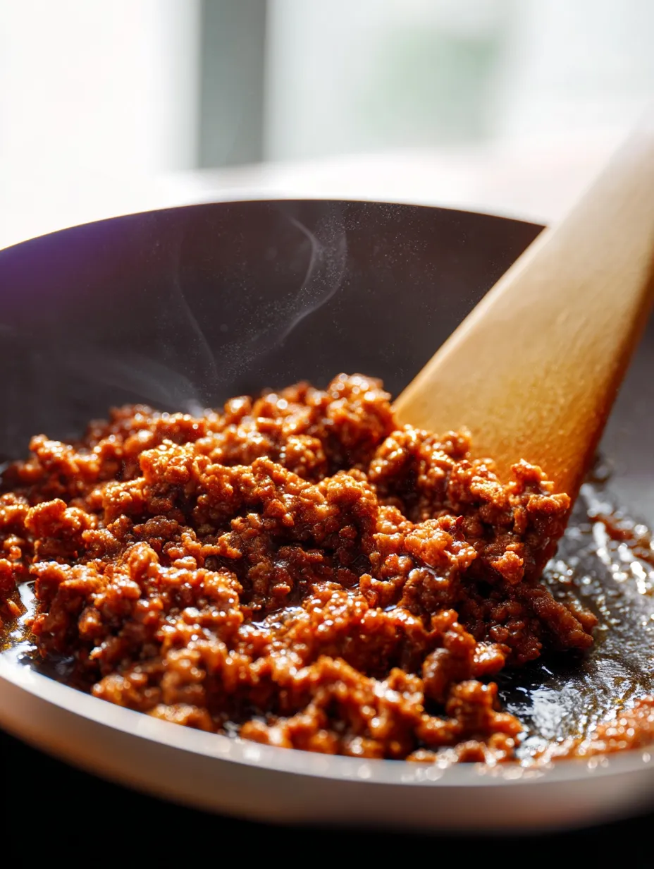 Eine Pfanne mit Fleisch wird umgerührt.