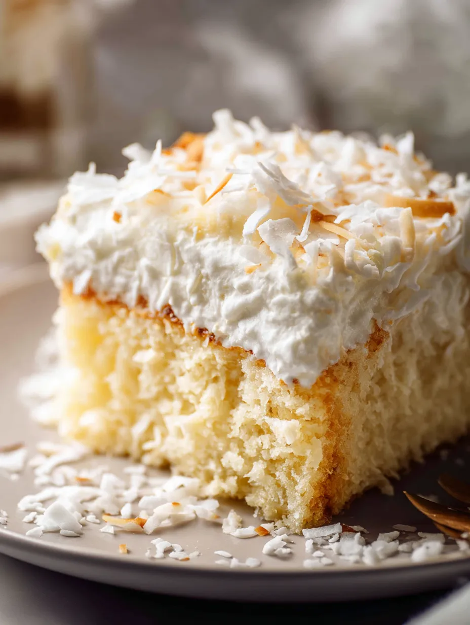 Ein Stück Kuchen mit weißer Glasur und Kokosnuss obendrauf.