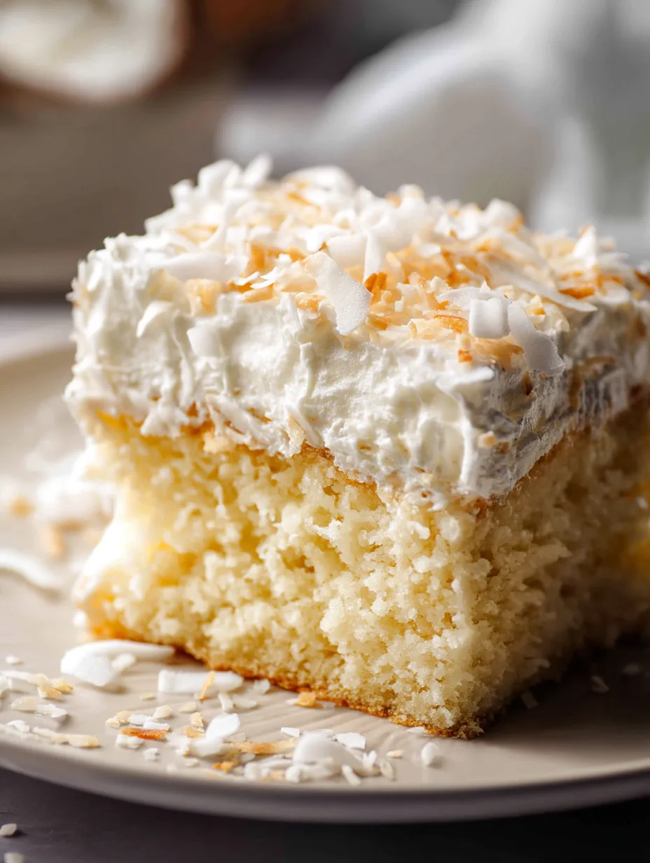 Ein Stück Kuchen mit weißer Glasur und Kokosnuss obendrauf.