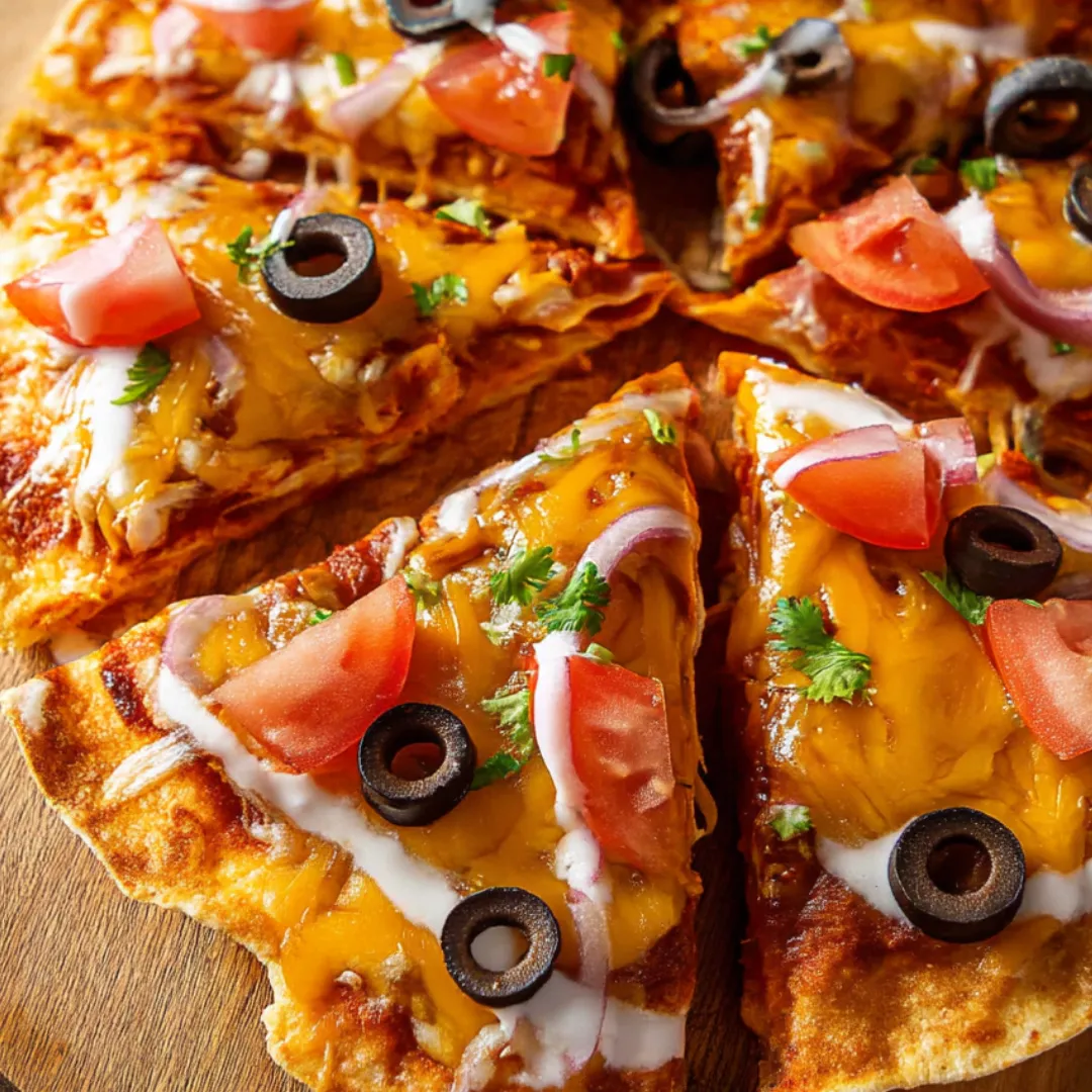 Eine Pizza mit Tomaten und Oliven obendrauf.