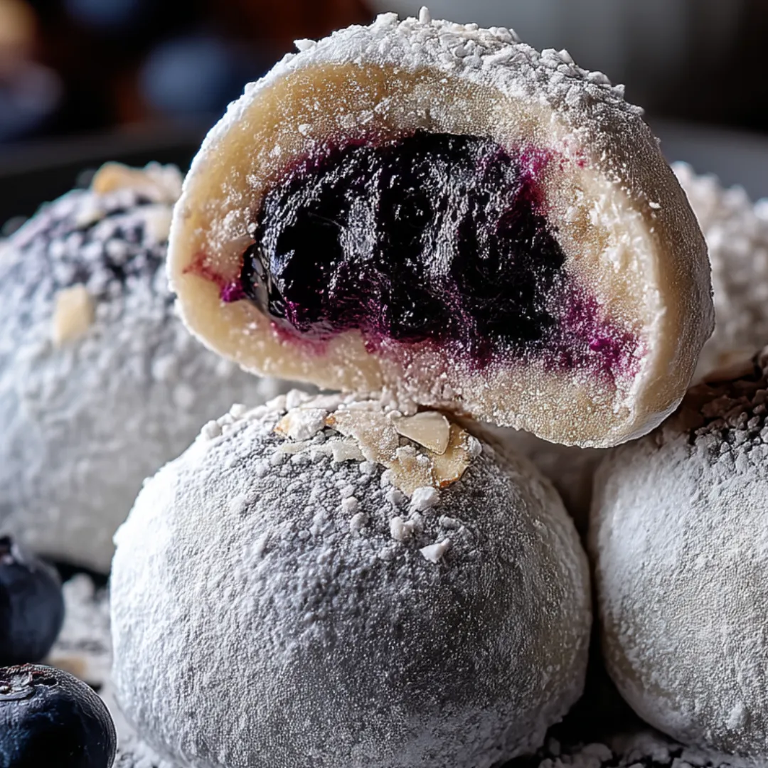 Ein Blaubeerkeks mit Puderzuckerschicht oben drauf.
