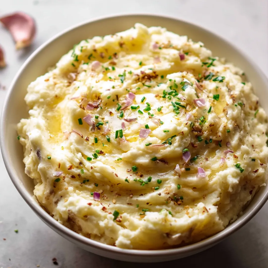 Eine Schüssel Kartoffelpüree mit grünen Kräutern.