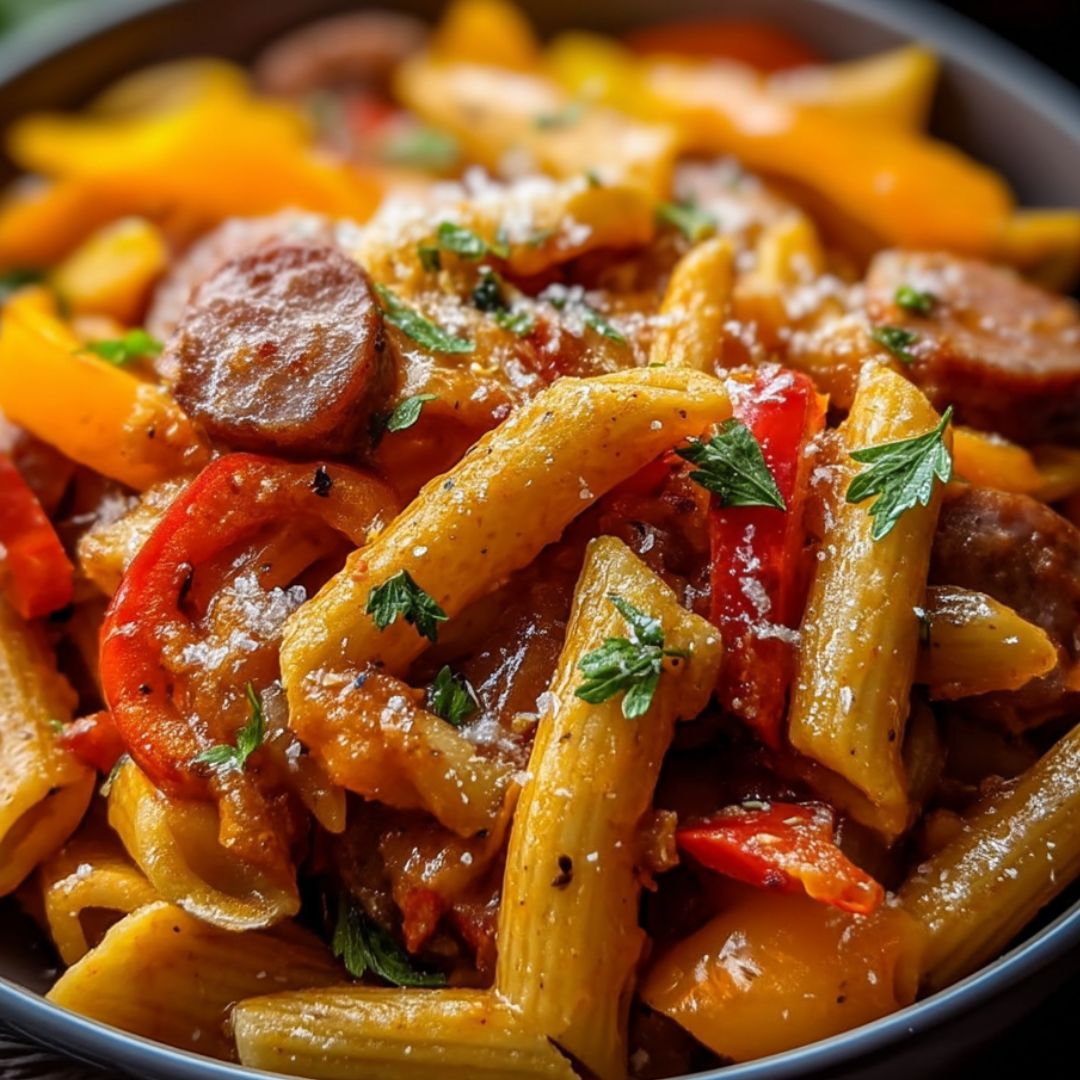 Pasta mit Wurst und Paprika in einer Schüssel.