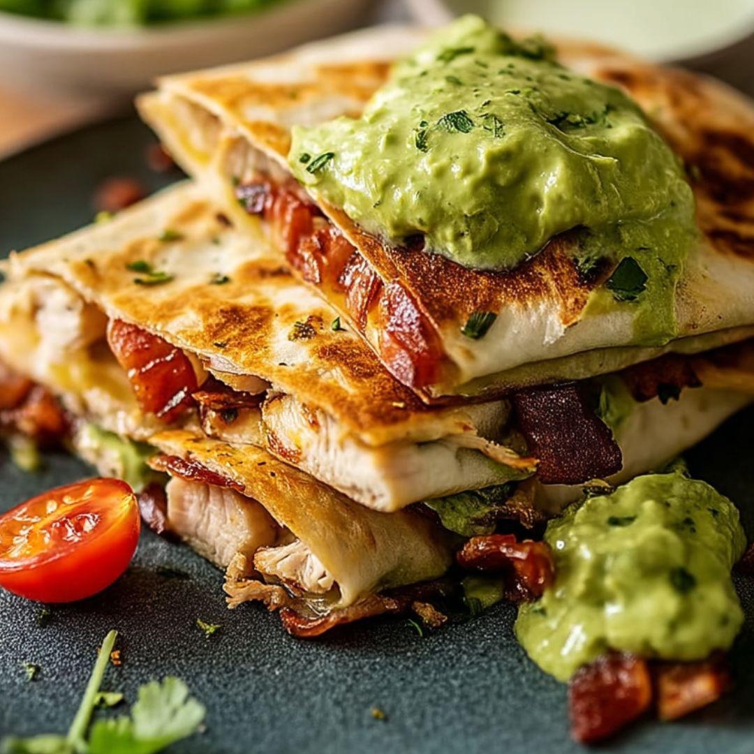 Ein Stapel Sandwiches mit Guacamole oben drauf.