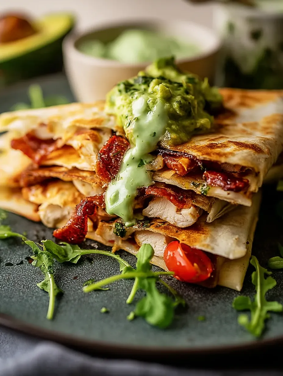 Ein Stapel Hähnchen mit Guacamole und saurer Sahne obendrauf.