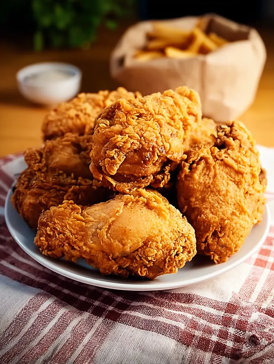 Ein Teller mit Brathähnchen und einer Portion Pommes.