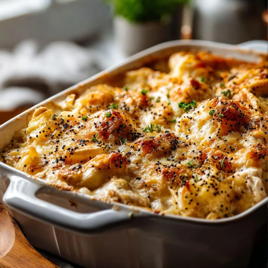 Ein Auflaufform mit Essen gefüllt.