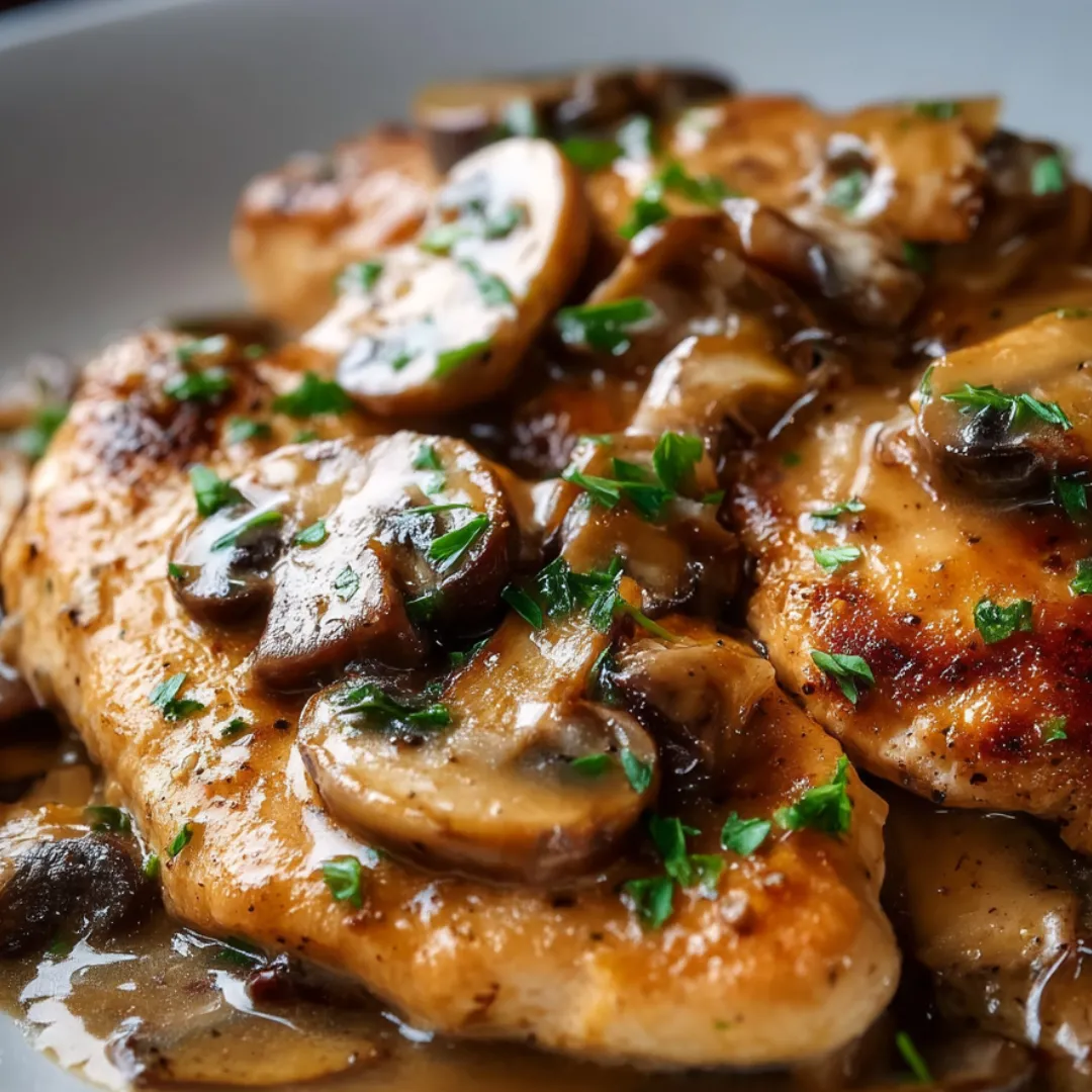 Huhn mit Pilzen und frischen Kräutern.