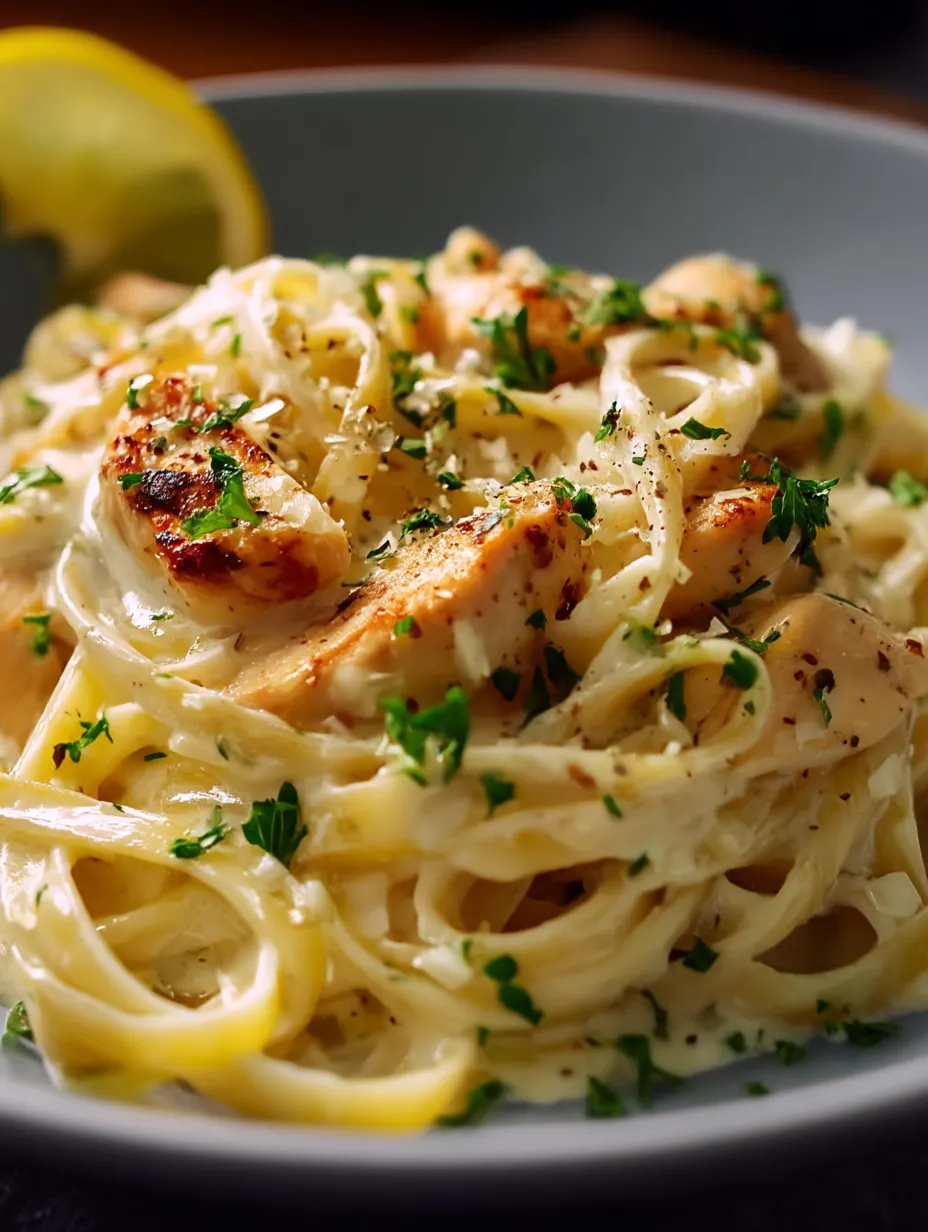 Ein Teller Pasta mit Hähnchen und Zitrone.