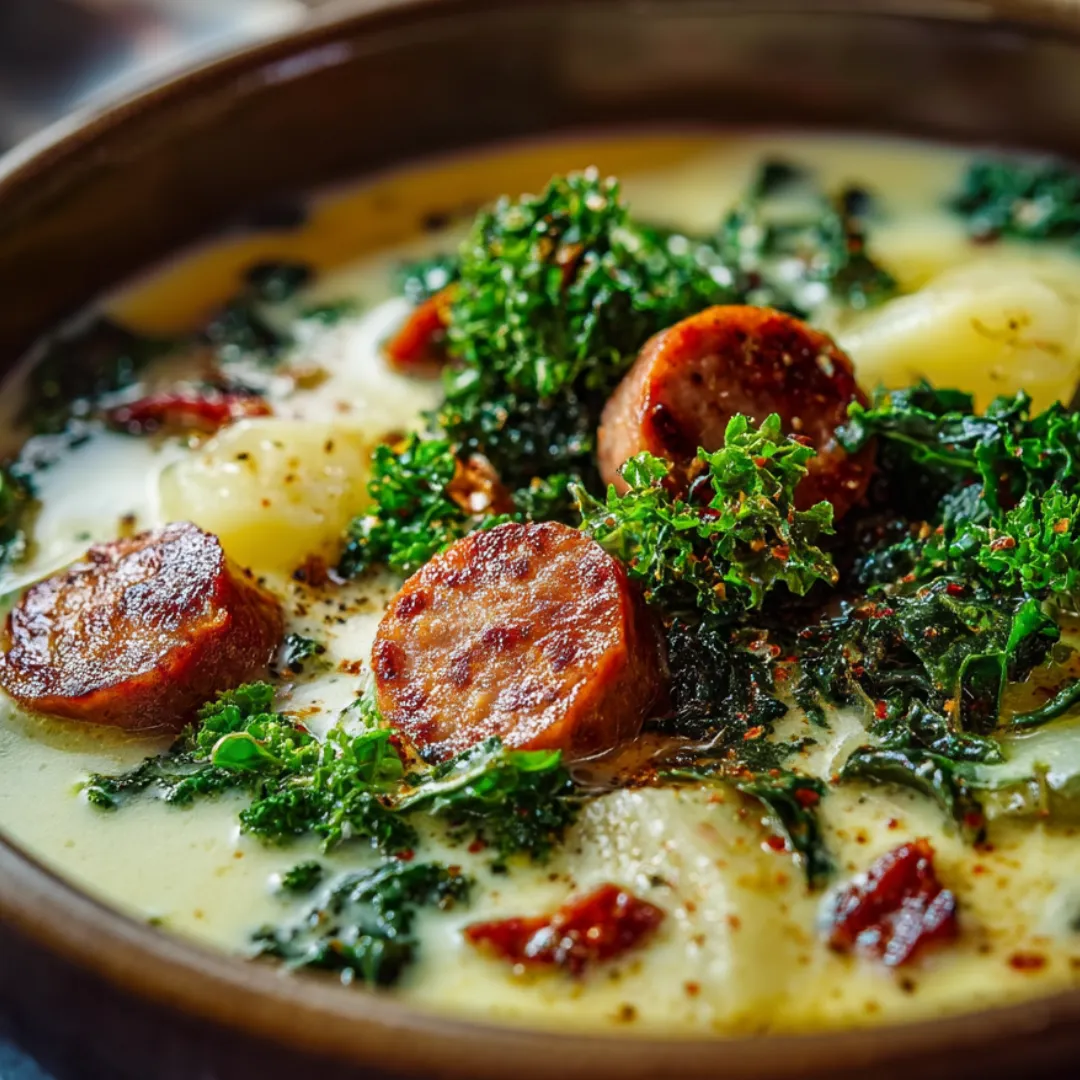 Eine Schüssel Suppe mit Wurst und Brokkoli.