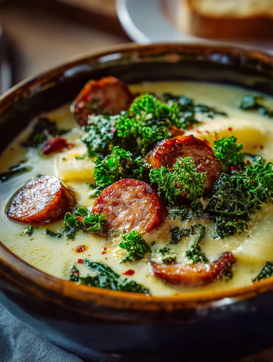 Eine Schüssel Suppe mit Wurst und Brokkoli.