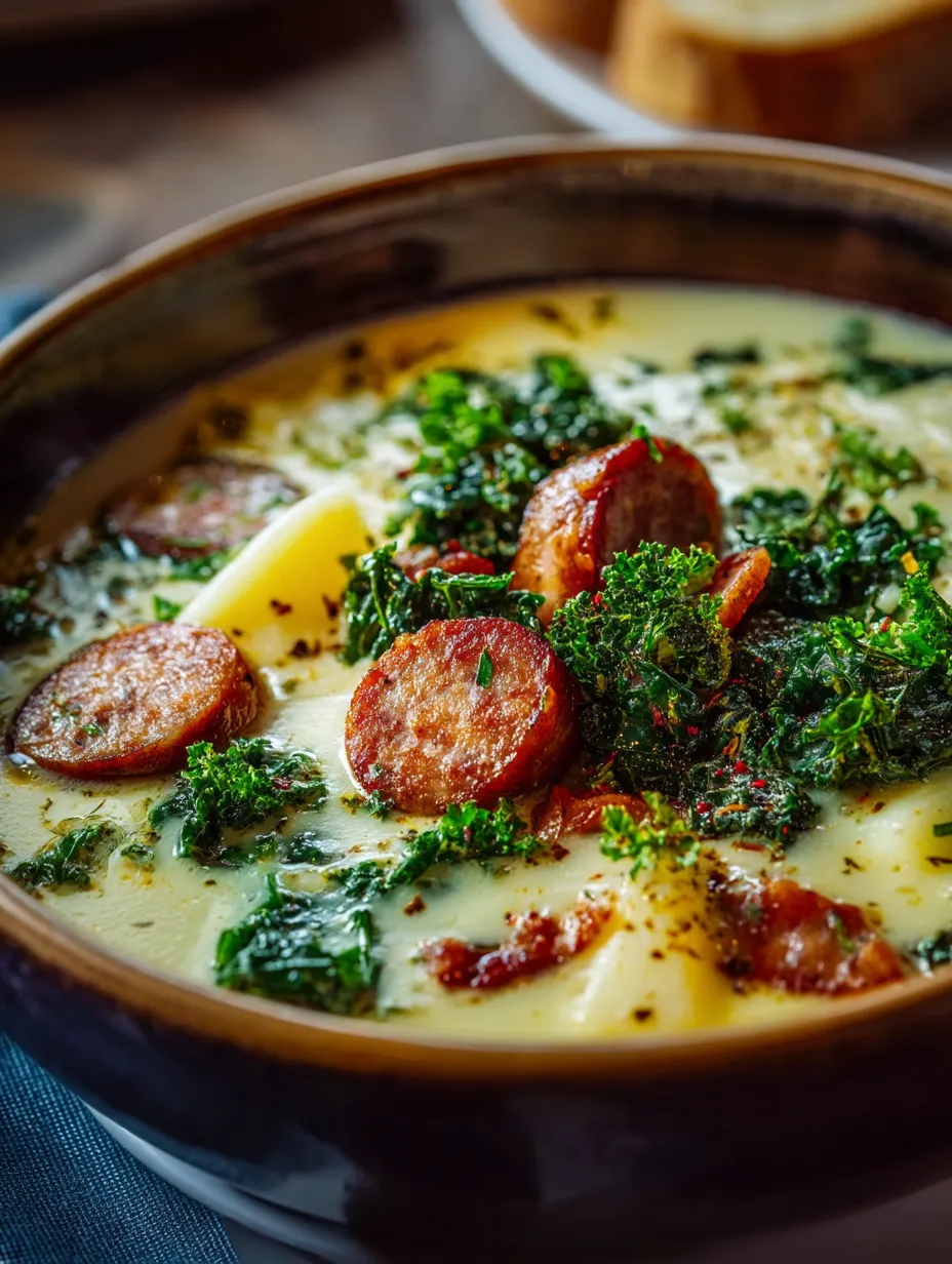 Eine Schüssel Suppe mit Wurst und Grünzeug.