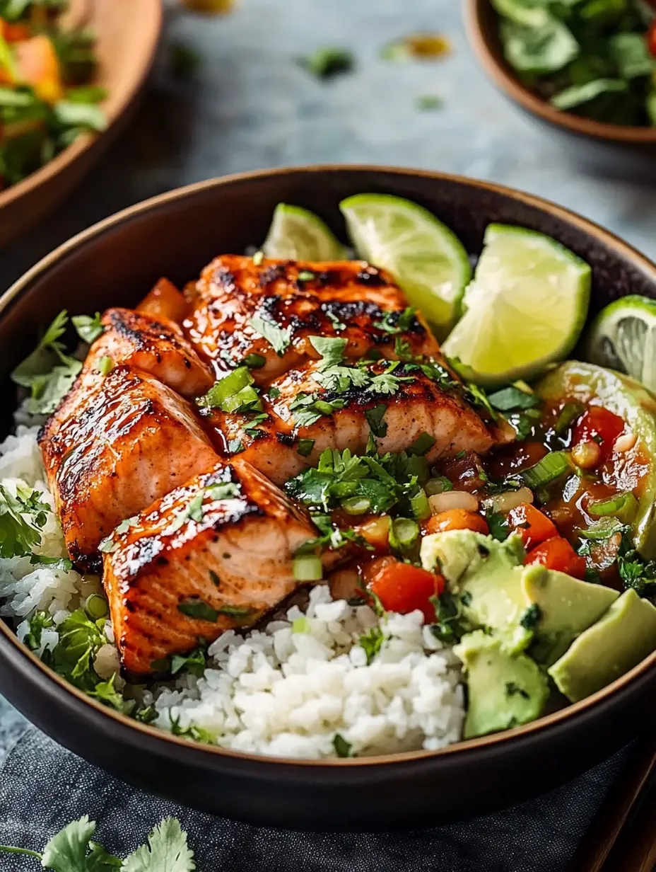 Eine Schüssel mit Fisch, Reis und Limette.