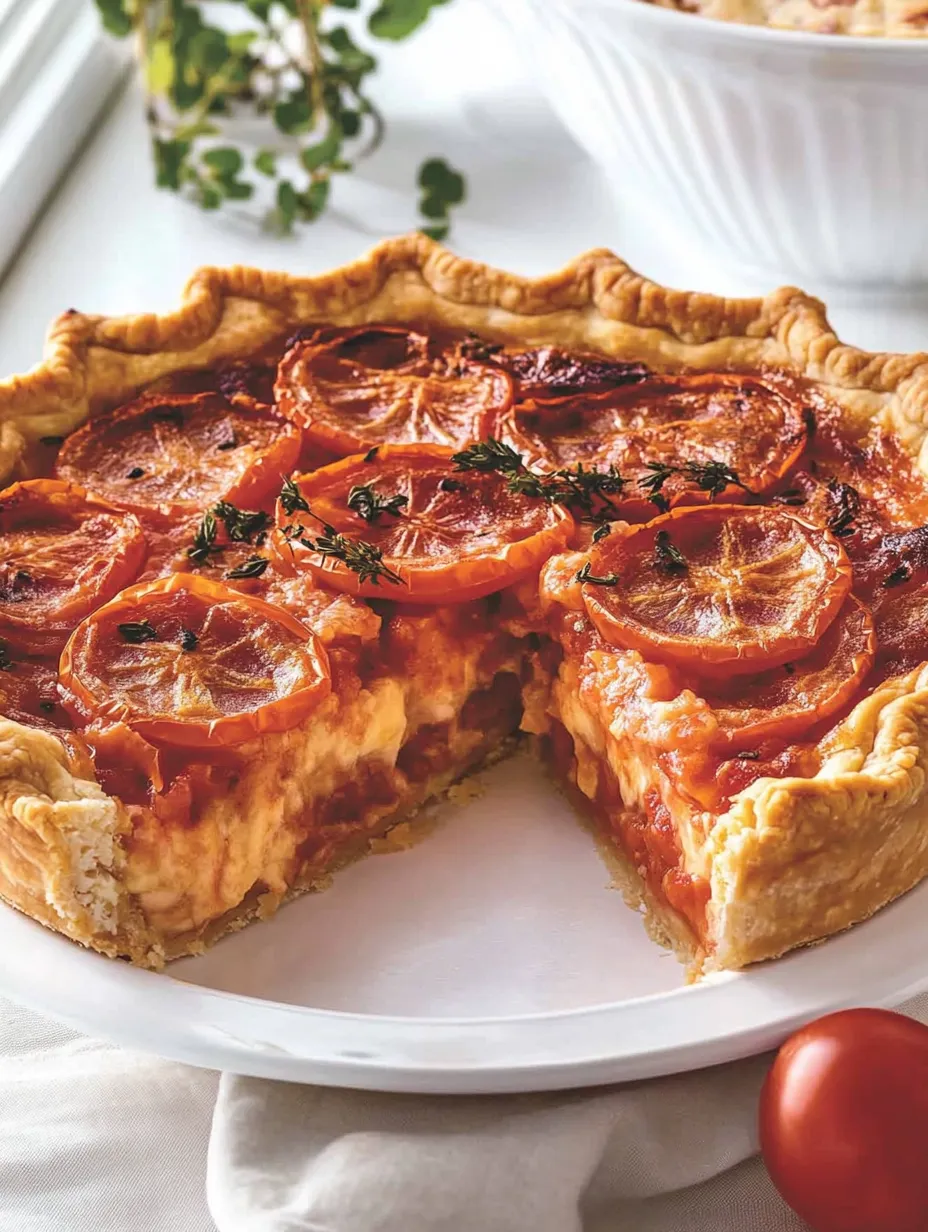 Ein Stück Tarte mit Tomaten und Basilikum.