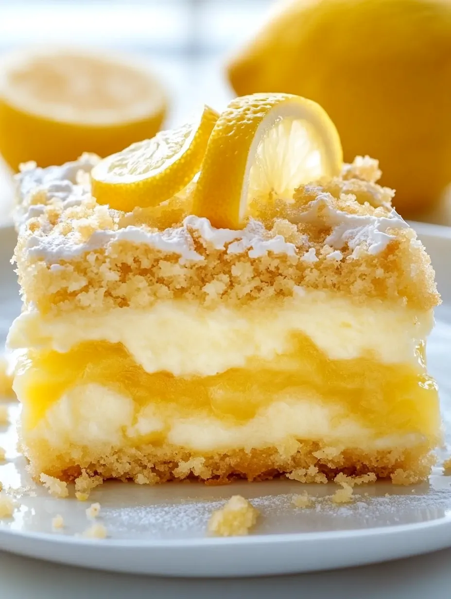 Ein Stück Zitronenkuchen mit einem Zitronenstück als Deko.