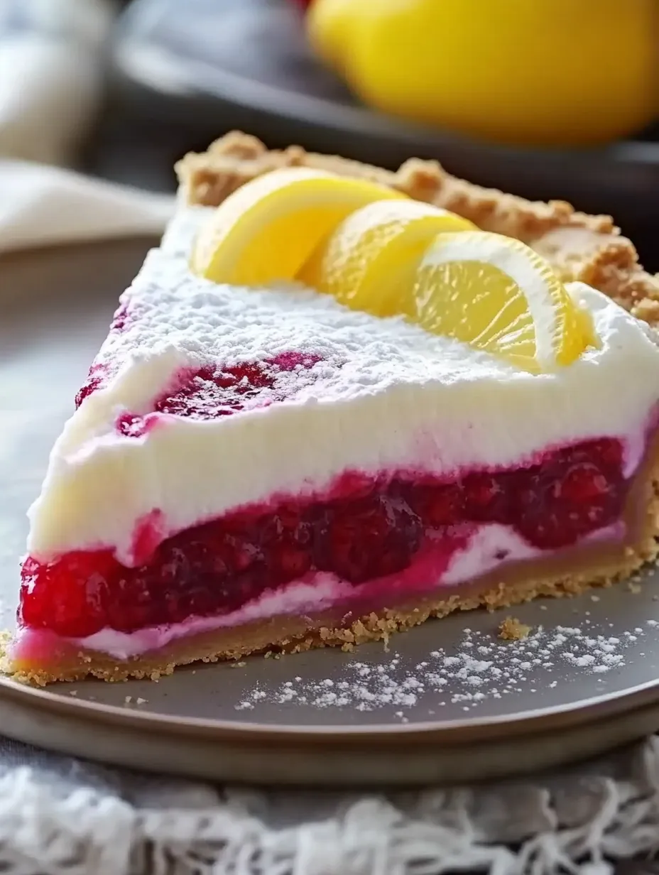 Ein Stück Torte mit Zitronen- und Himbeerverzierung.