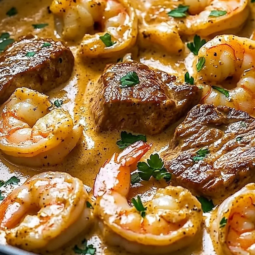 Eine Schüssel mit Garnelen und Steak in brauner Sauce.