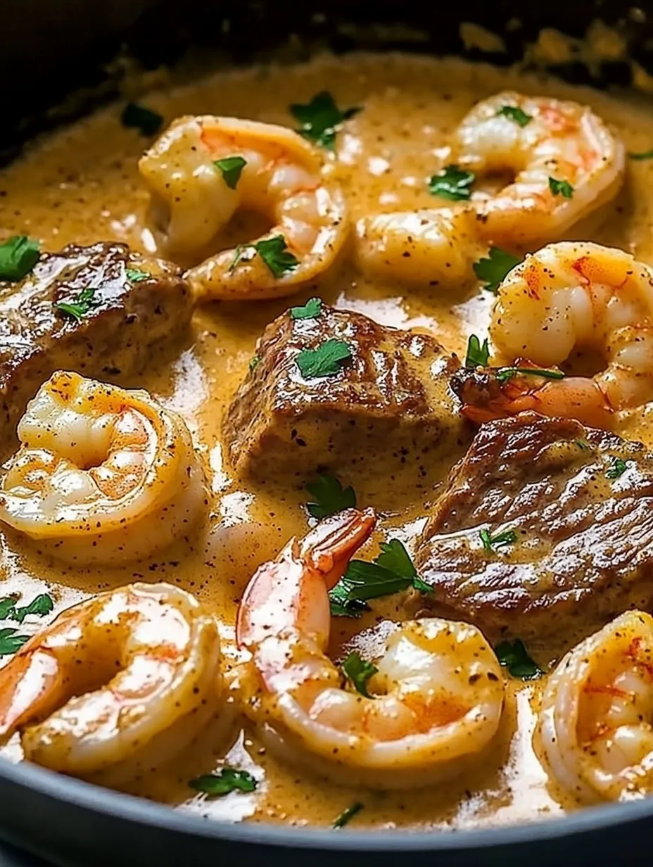 Eine Schüssel mit Garnelen und Fleisch.