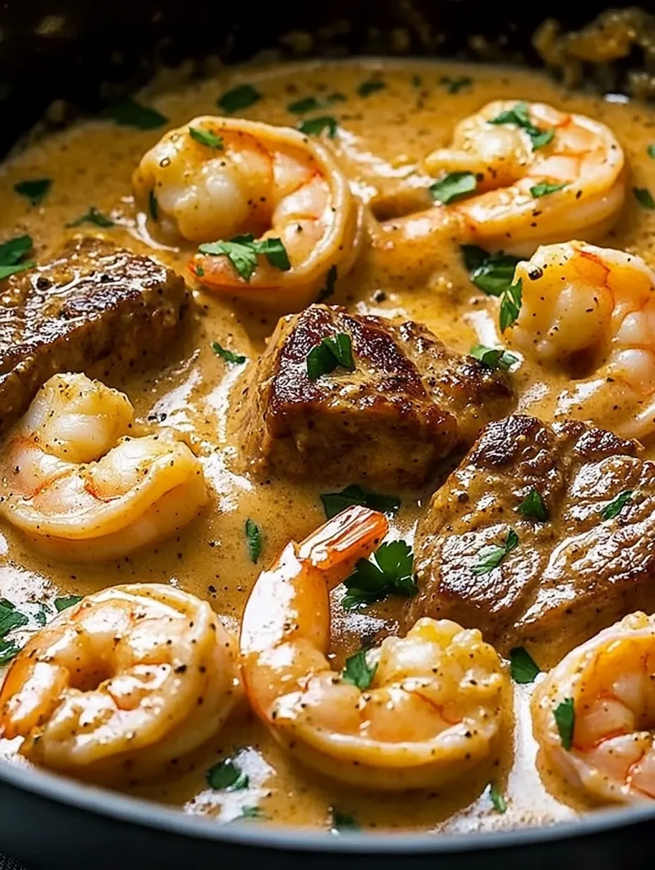 Eine Schüssel mit Garnelen und Fleisch in cremiger Sauce.