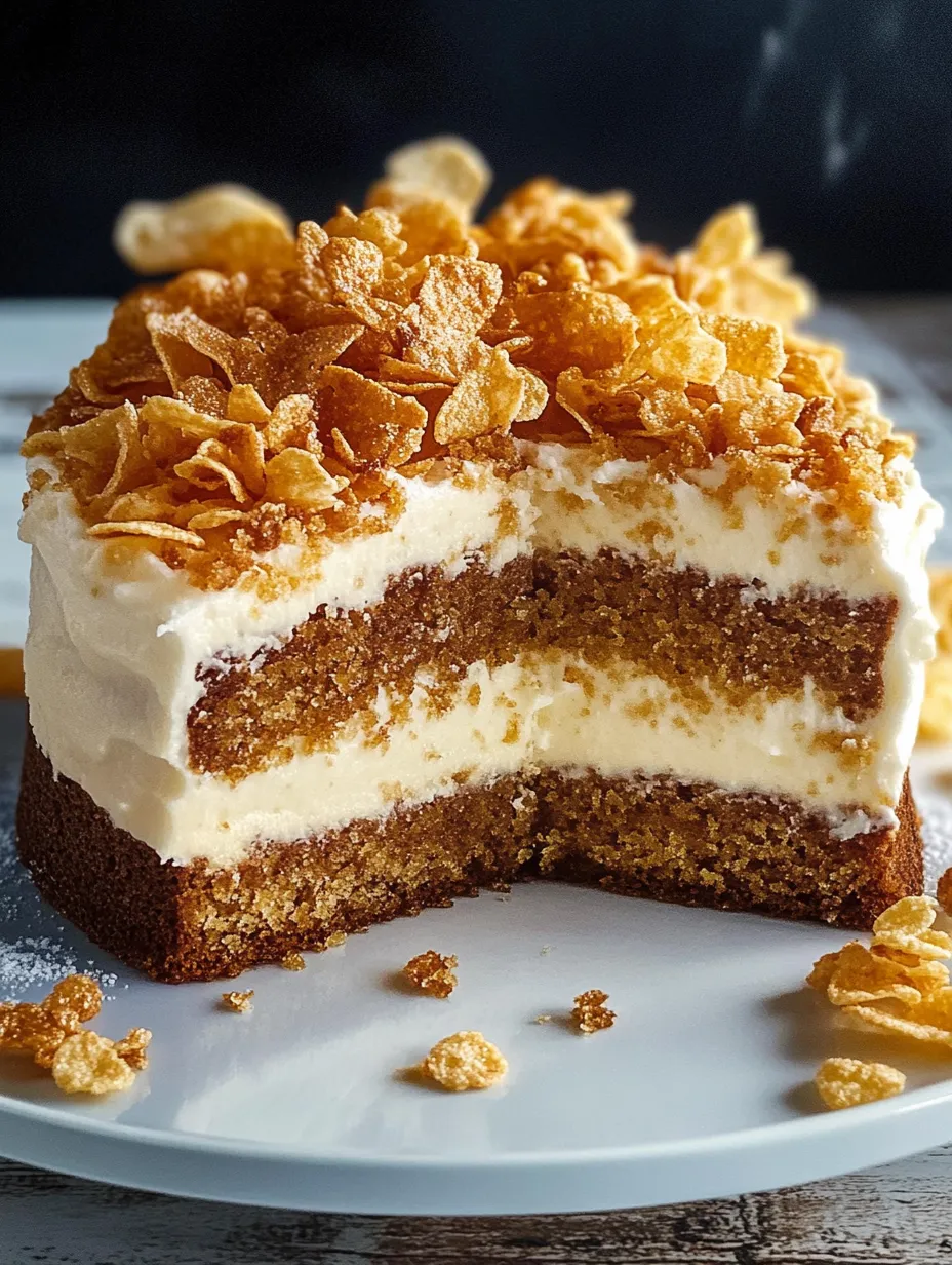Ein Stück Kuchen mit weißem Frosting und Cornflakes-Streusel obendrauf.