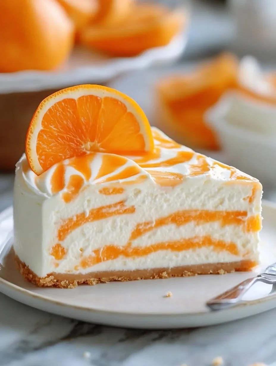 Ein Stück Orangenkäsekuchen mit einer Orangenscheibe obenauf.