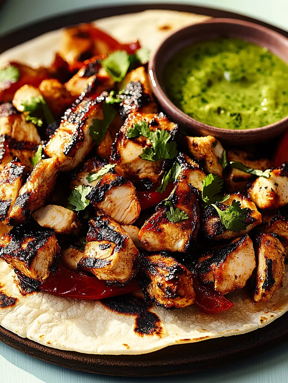 Ein Teller mit gegrilltem Hähnchen und Salsa als Beilage.