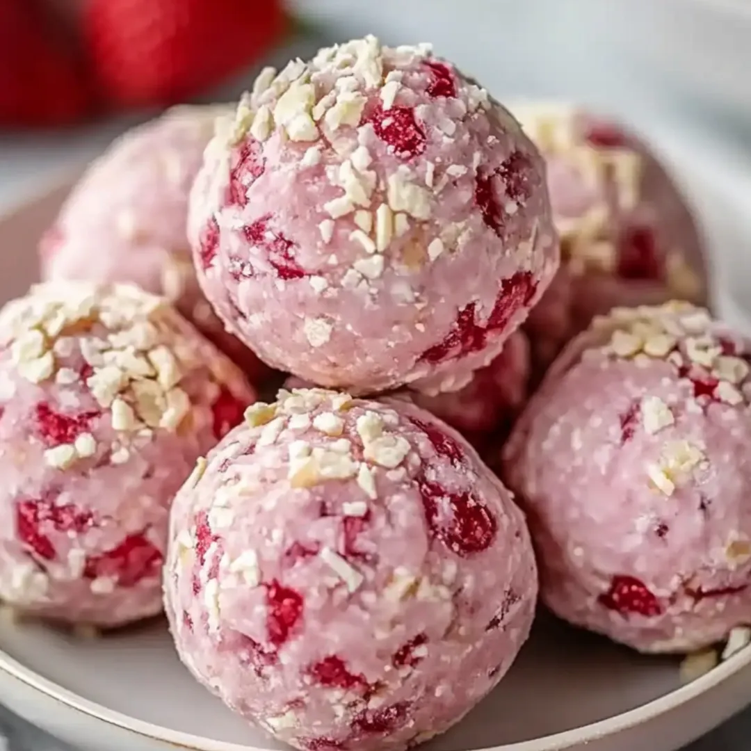 Ein Teller mit rosa Bällchen und roten Erdbeeren.