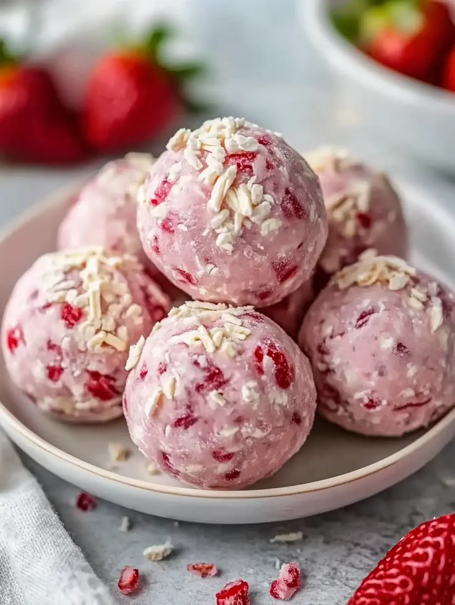 Ein Teller mit rosa Bällchen und roten Erdbeeren im Hintergrund.