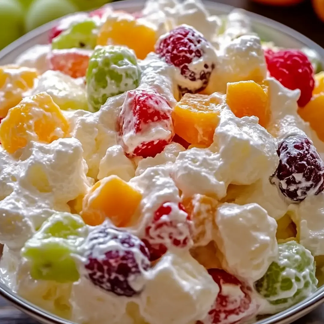 Eine Schüssel Obstsalat mit weißer Creme.
