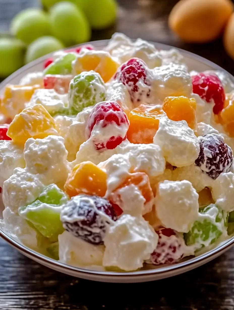 Eine Schüssel Fruchtsalat mit einer weißen Soße.