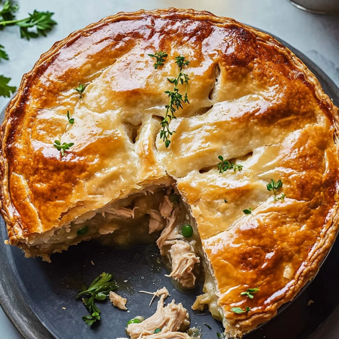 Ein Stück Pastete mit Huhn und Kräutern.