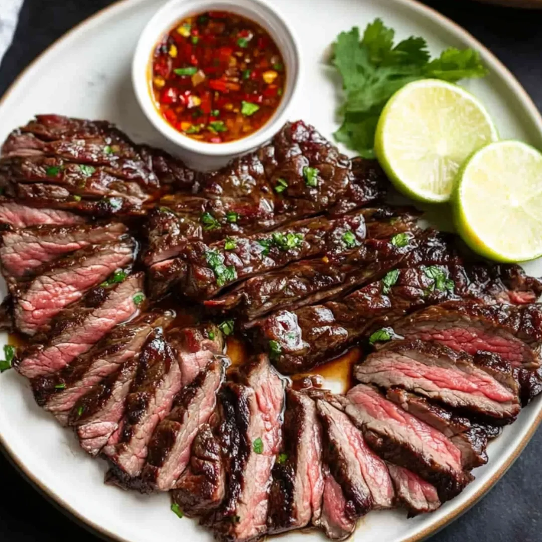 Ein Teller mit Steak und einer Schale Sauce.